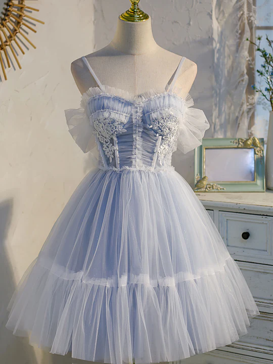 Vintage Light Blue Applique Sweetheart Spaghetti Strap Design A-line Tulle Party Dress Homecoming Dress D1553