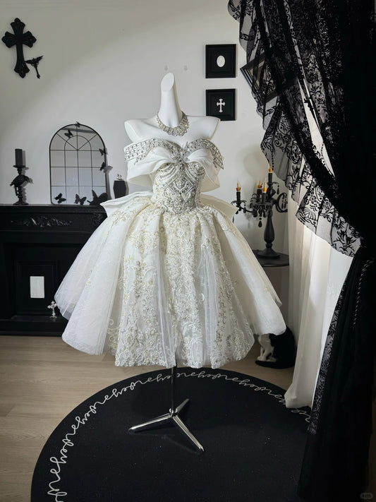 New Homecoming Dress Off the Shoulder Lace Bowknot Tulle Hi-Lo Cascade Rinestone Applique Bead Back to School Outfits Party Dress Birthday Dress Wedding Dress D7673