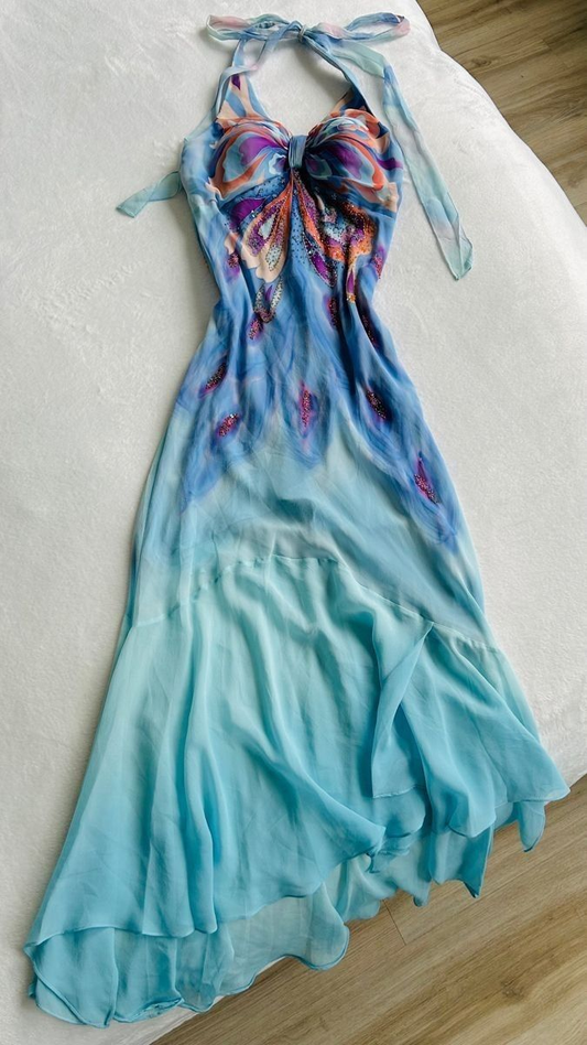 Blue Halter Neck Sheath Chiffon Long Evening Dress Vintage Party Dress, D974
