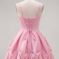Unique Homecoming Dress Spaghetti Strap V Neck Pleated A-Line Back to School Outfits Party Dress D7774