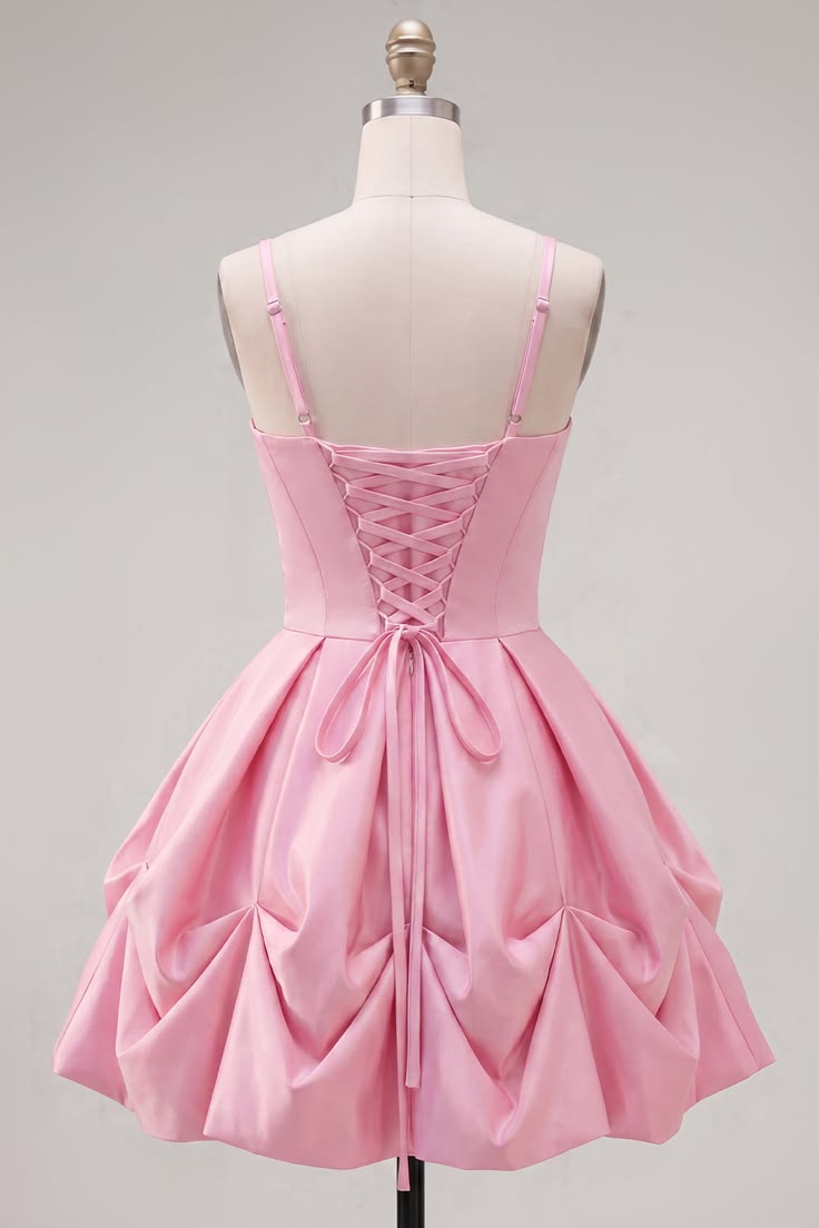 Unique Homecoming Dress Spaghetti Strap V Neck Pleated A-Line Back to School Outfits Party Dress D7774
