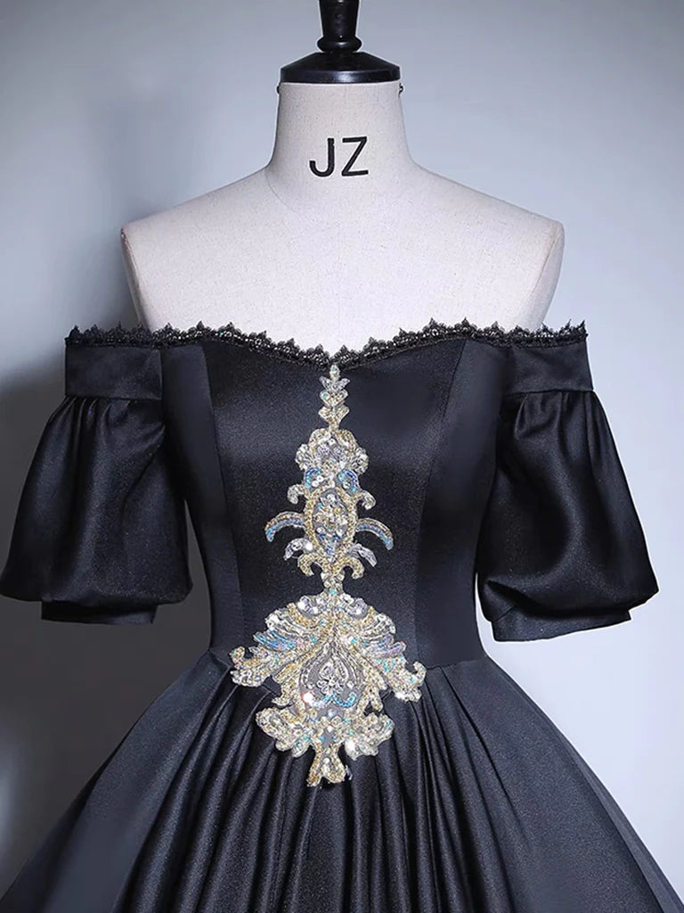 Black A-Line Satin Long Prom Dress, Black Satin Long Formal Dress MD7172