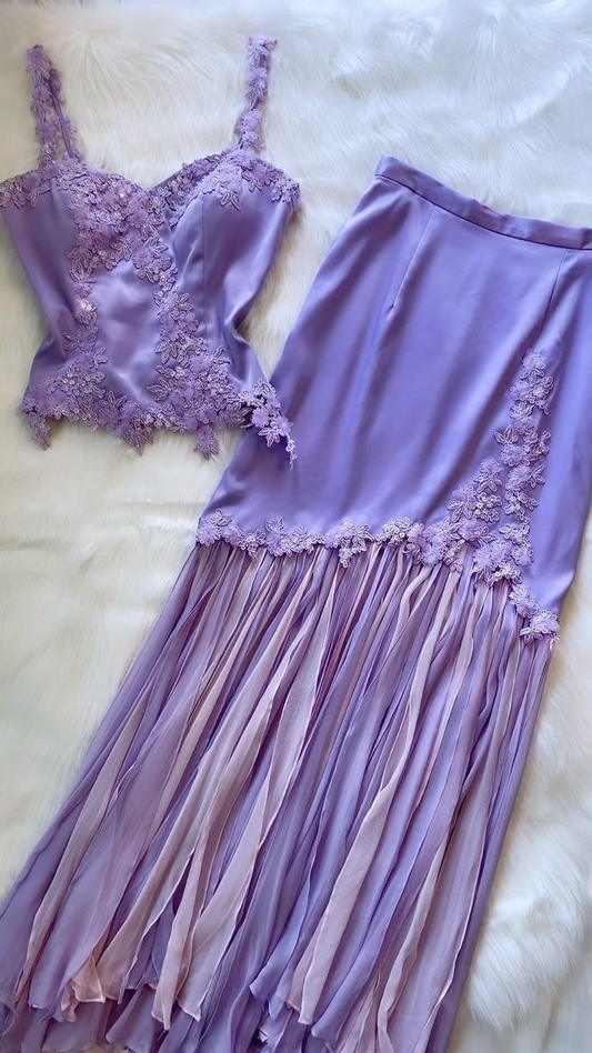 Lilac Straps Two Pieces Sheath Satin Chiffon Vintage Long Party Dress, D975