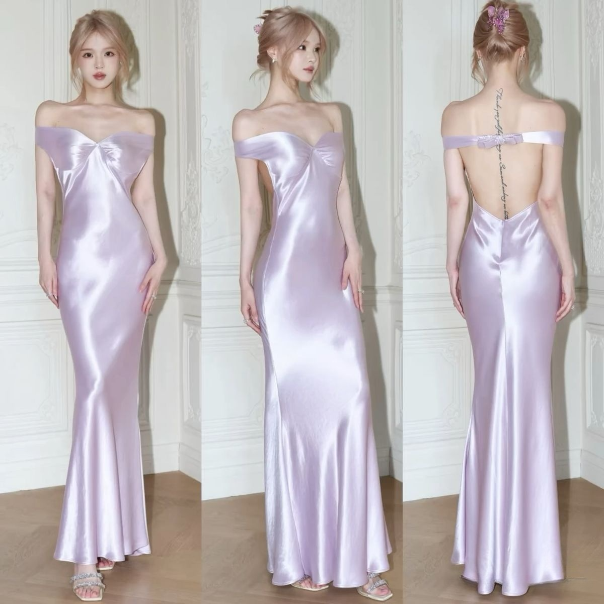 Elegant Lilac Off Shoulder Mermaid Satin Long Party Dress Bridesmaid Dress, D781
