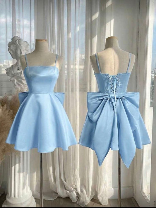 Chic Homecoming Dress Spaghetti Strap Bowknot Pleated Back to School Outfits Party Dress D6739