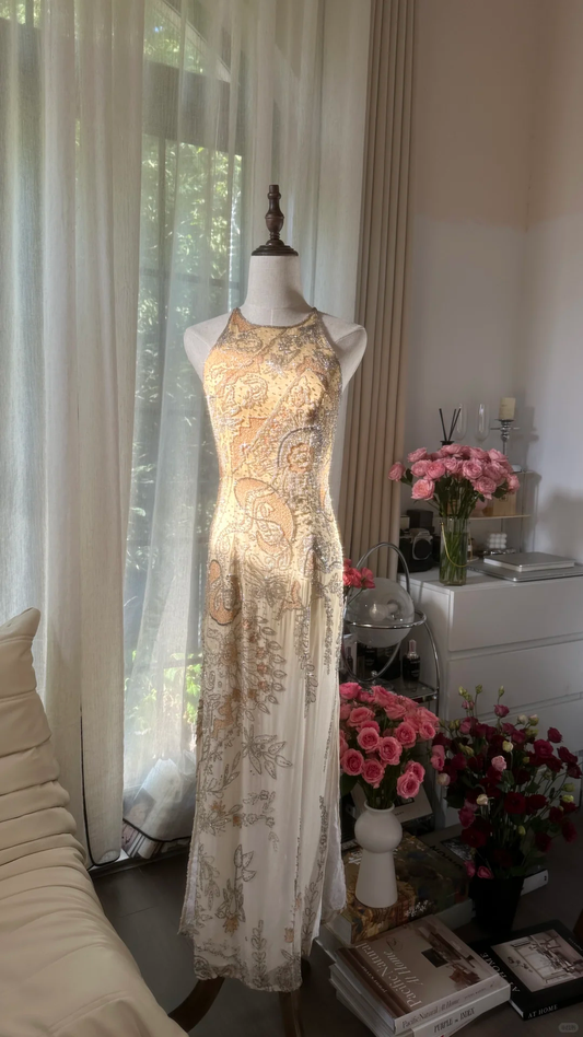 Retro Golden Sparkling Beaded Halter Dress Elegant Chiffon Evening Dress Prom Dresses D1493