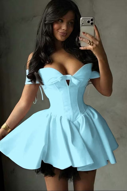 Charming Homecoming Dress Off the Shoulder Pleated Tulle Bowknot Back to School Outfits Party Dress  D7325
