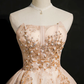 Vintage Champagne Applique Beaded Strapless Design A-line Tulle Party Dress Homecoming Dress D1555