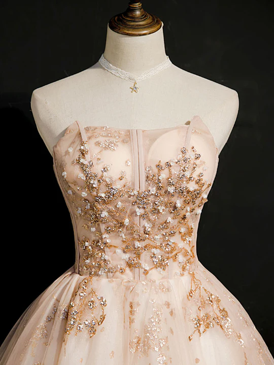 Vintage Champagne Applique Beaded Strapless Design A-line Tulle Party Dress Homecoming Dress D1555