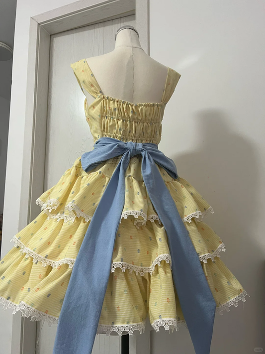 Cute Yellow Floral Lace Hem Design Tiered Party Dress Homecoming Dress D1708