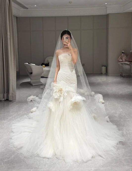 Charming Wedding Dress Strapless Pleated Tulle Mermaid Wedding Dress   D4609