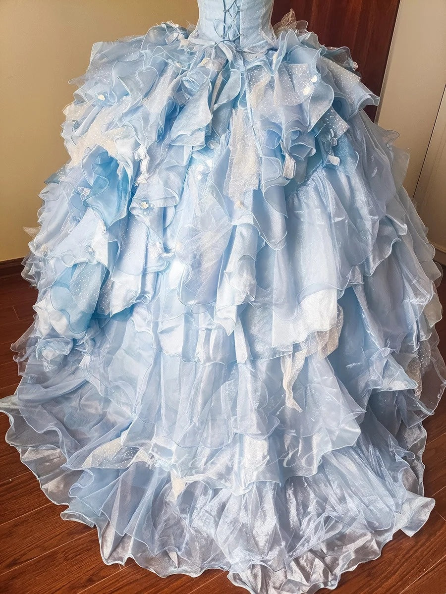 Stunning Prom Dress Light Blue Strapless Tiered Ruffle Evening Dress Quinceanera Dress Ball Gown      D4648