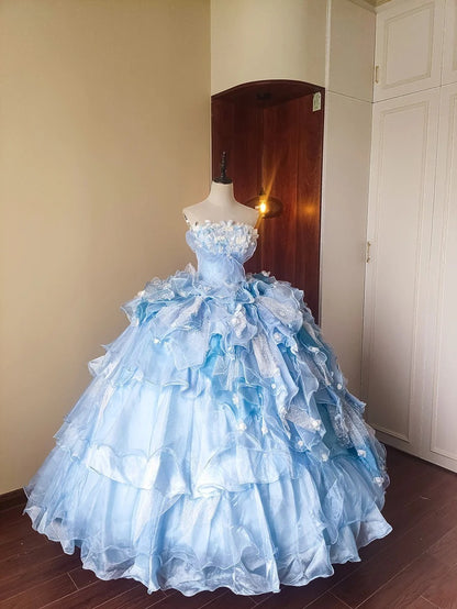 Stunning Prom Dress Light Blue Strapless Tiered Ruffle Evening Dress Quinceanera Dress Ball Gown      D4648