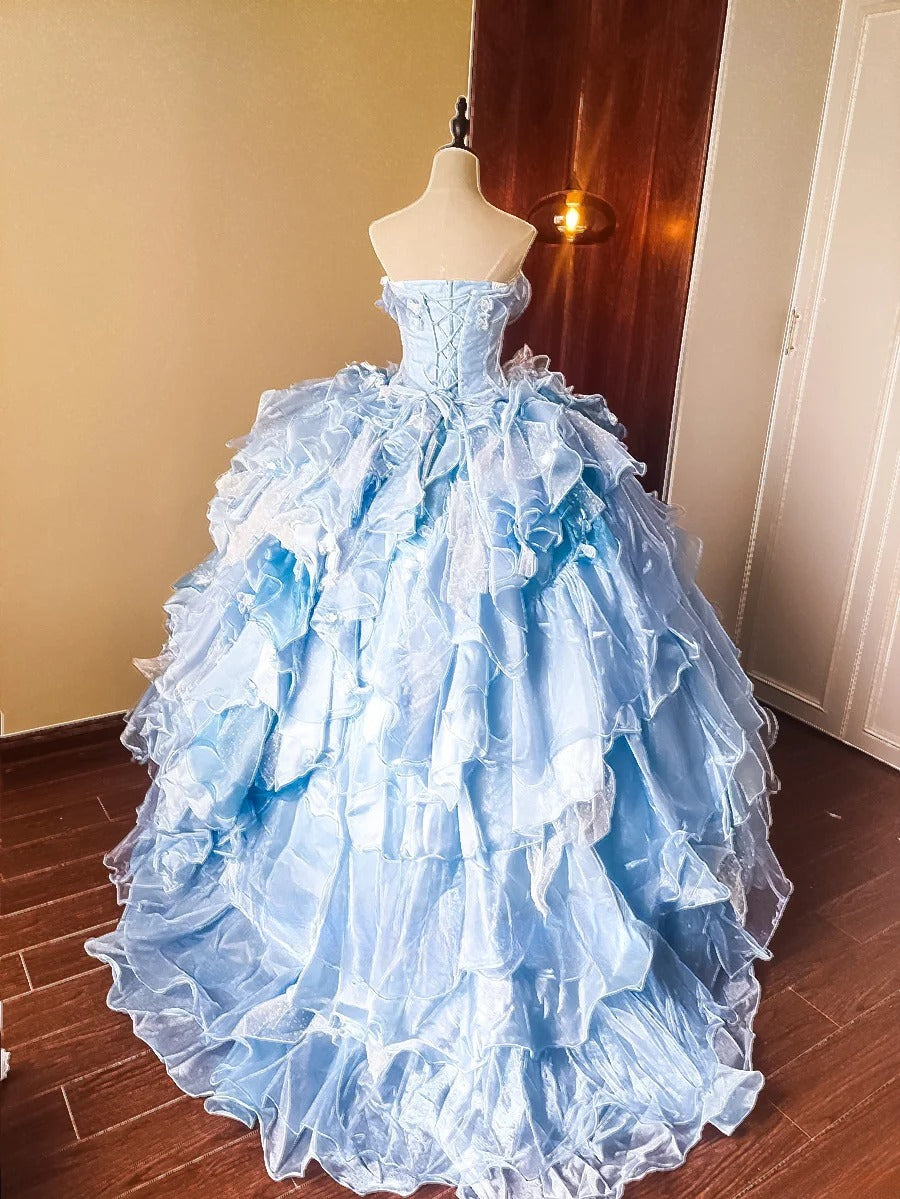 Stunning Prom Dress Light Blue Strapless Tiered Ruffle Evening Dress Quinceanera Dress Ball Gown      D4648
