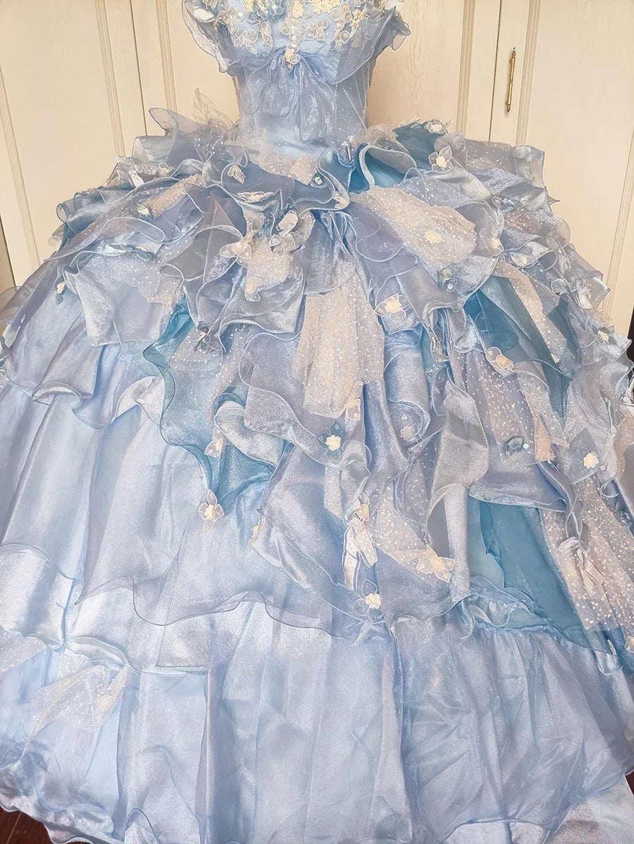Stunning Prom Dress Light Blue Strapless Tiered Ruffle Evening Dress Quinceanera Dress Ball Gown      D4648