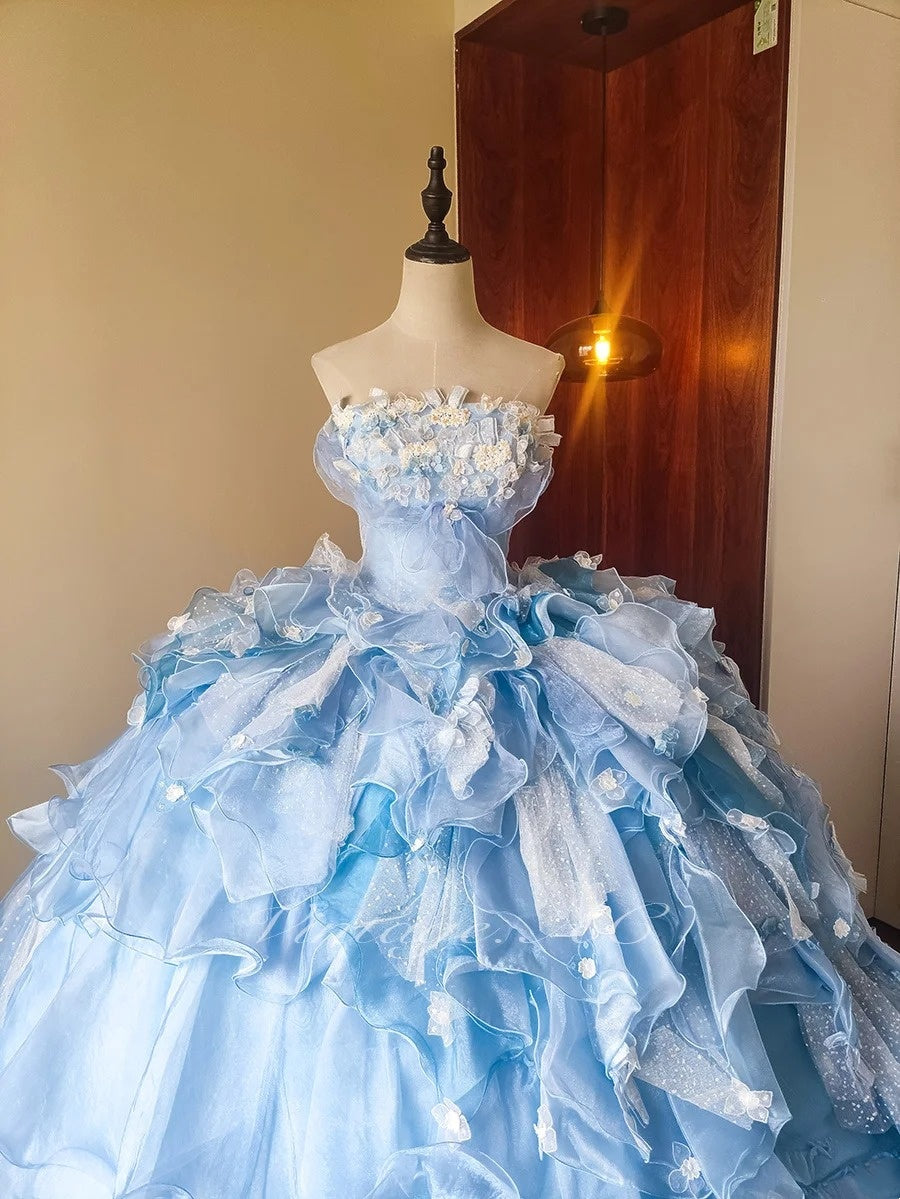 Stunning Prom Dress Light Blue Strapless Tiered Ruffle Evening Dress Quinceanera Dress Ball Gown      D4648