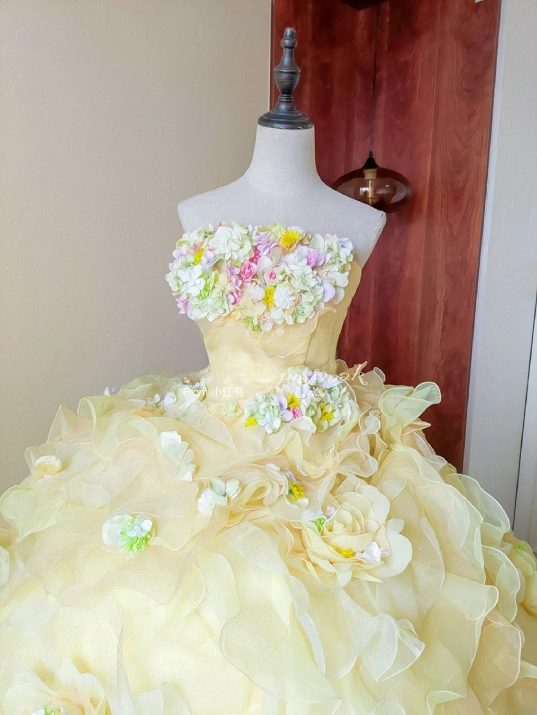 Charming Prom Dress Light Yellow Strapless Floral Ruffle Sweet 16 Dress Quinceanera Dress Ball Gown      D4650