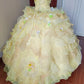 Charming Prom Dress Light Yellow Strapless Floral Ruffle Sweet 16 Dress Quinceanera Dress Ball Gown      D4650