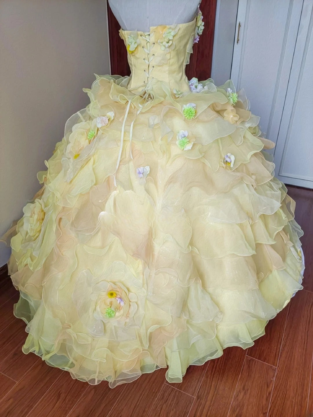 Charming Prom Dress Light Yellow Strapless Floral Ruffle Sweet 16 Dress Quinceanera Dress Ball Gown      D4650