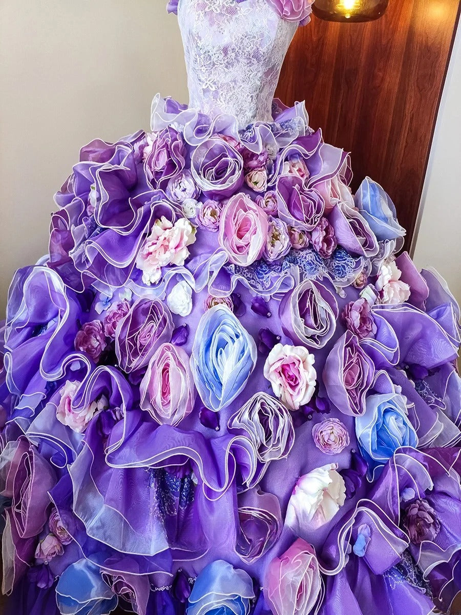 New Arrival Prom Dress Strapless Floral Ruffle Evening Dress Quinceanera Dress Ball Gown      D4651