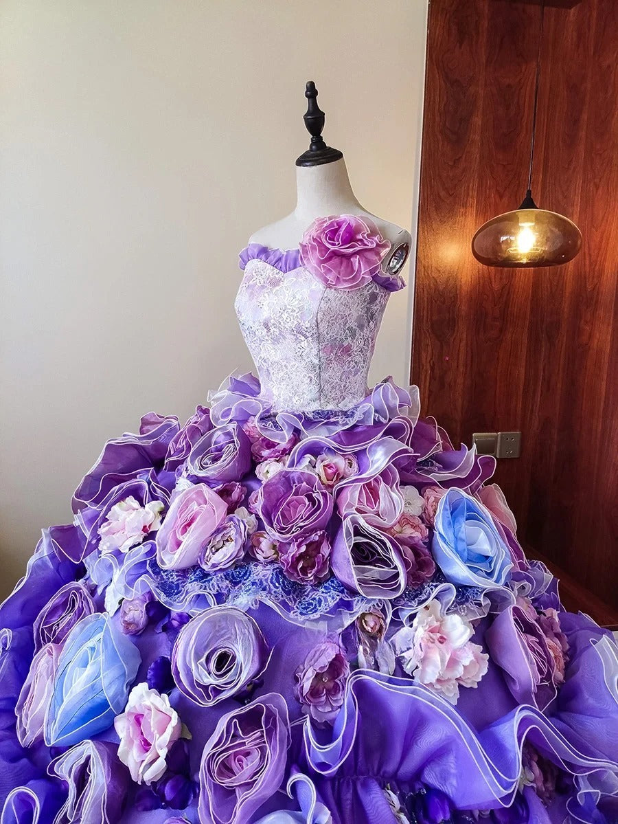 New Arrival Prom Dress Strapless Floral Ruffle Evening Dress Quinceanera Dress Ball Gown      D4651