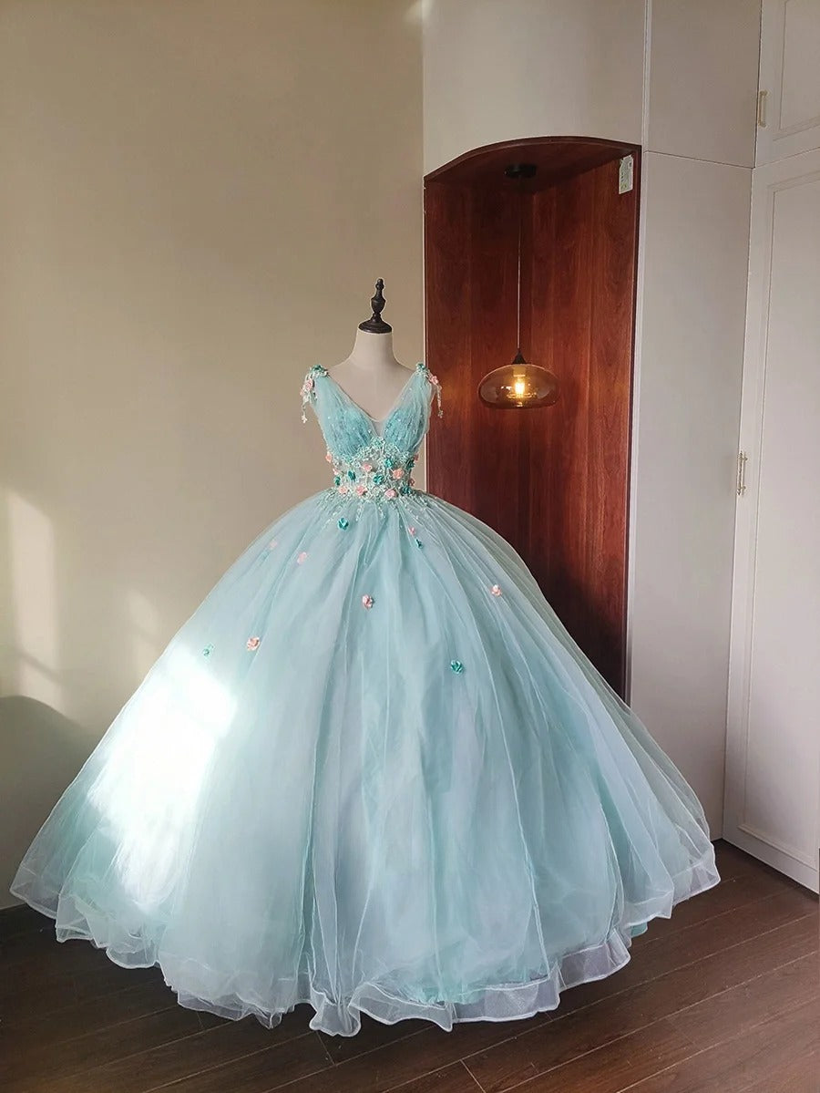 Stunning Prom Dress Light Blue V-neck Pleated Tulle Evening Dress Quinceanera Dress Ball Gown      D4654