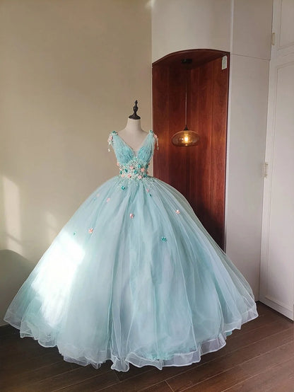 Stunning Prom Dress Light Blue V-neck Pleated Tulle Evening Dress Quinceanera Dress Ball Gown      D4654