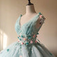 Stunning Prom Dress Light Blue V-neck Pleated Tulle Evening Dress Quinceanera Dress Ball Gown      D4654