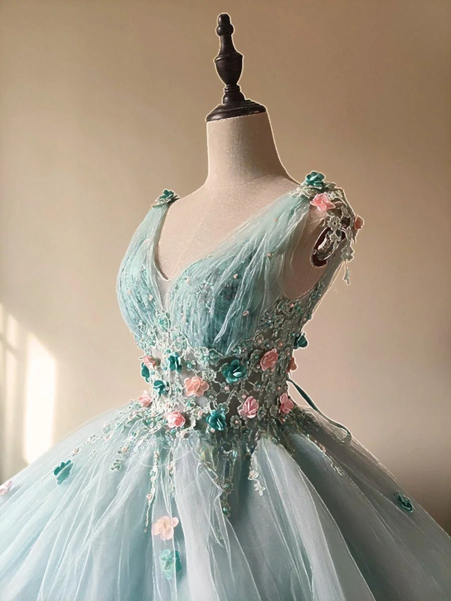 Stunning Prom Dress Light Blue V-neck Pleated Tulle Evening Dress Quinceanera Dress Ball Gown      D4654