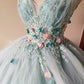 Stunning Prom Dress Light Blue V-neck Pleated Tulle Evening Dress Quinceanera Dress Ball Gown      D4654