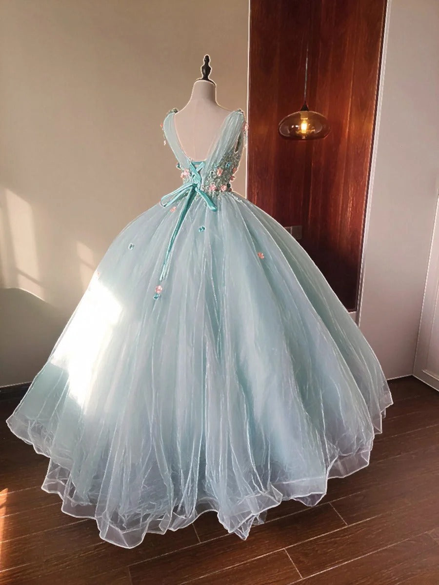 Stunning Prom Dress Light Blue V-neck Pleated Tulle Evening Dress Quinceanera Dress Ball Gown      D4654
