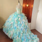 New Arrival Prom Dress Strapless Tulle Tiered Evening Dress Quinceanera Dress Ball Gown      D4655