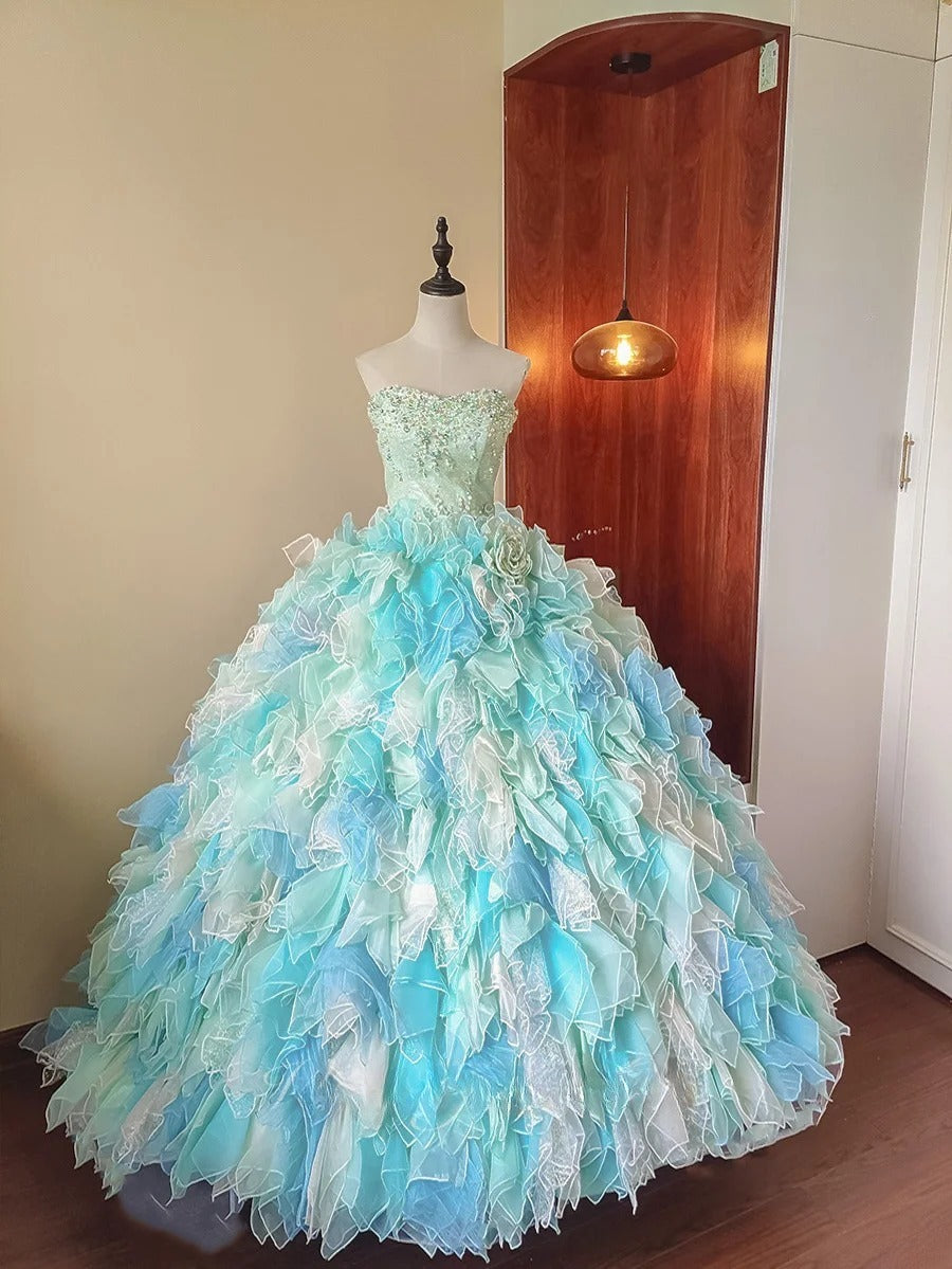 New Arrival Prom Dress Strapless Tulle Tiered Evening Dress Quinceanera Dress Ball Gown      D4655