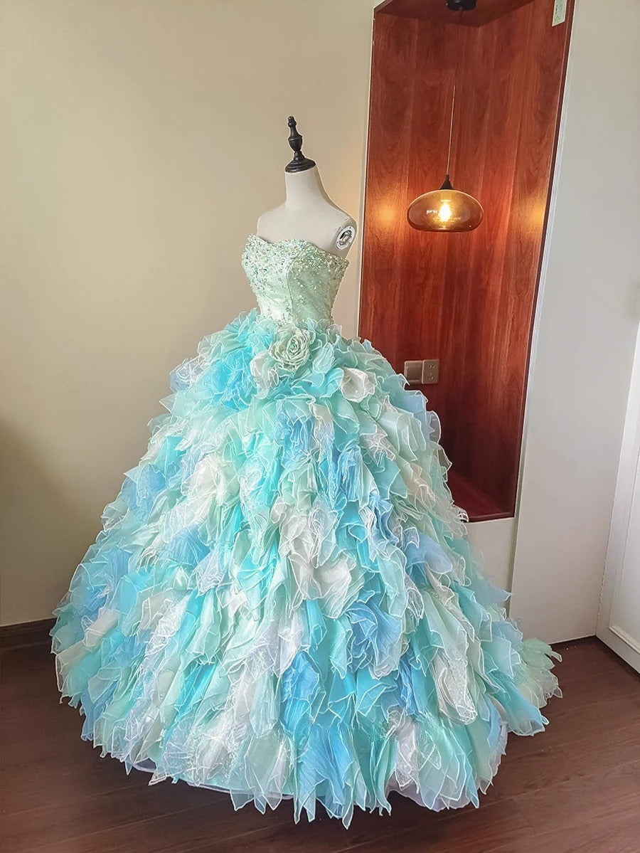 New Arrival Prom Dress Strapless Tulle Tiered Evening Dress Quinceanera Dress Ball Gown      D4655