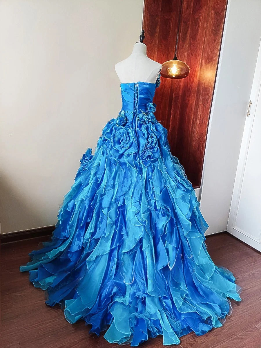 Beauty Prom Dress Blue Strapless Ruffle Tiered Evening Dress Quinceanera Dress Ball Gown      D4656