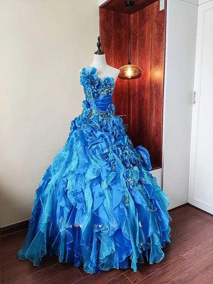 Beauty Prom Dress Blue Strapless Ruffle Tiered Evening Dress Quinceanera Dress Ball Gown      D4656