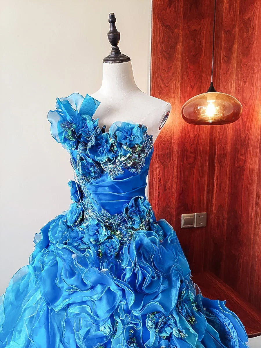 Beauty Prom Dress Blue Strapless Ruffle Tiered Evening Dress Quinceanera Dress Ball Gown      D4656