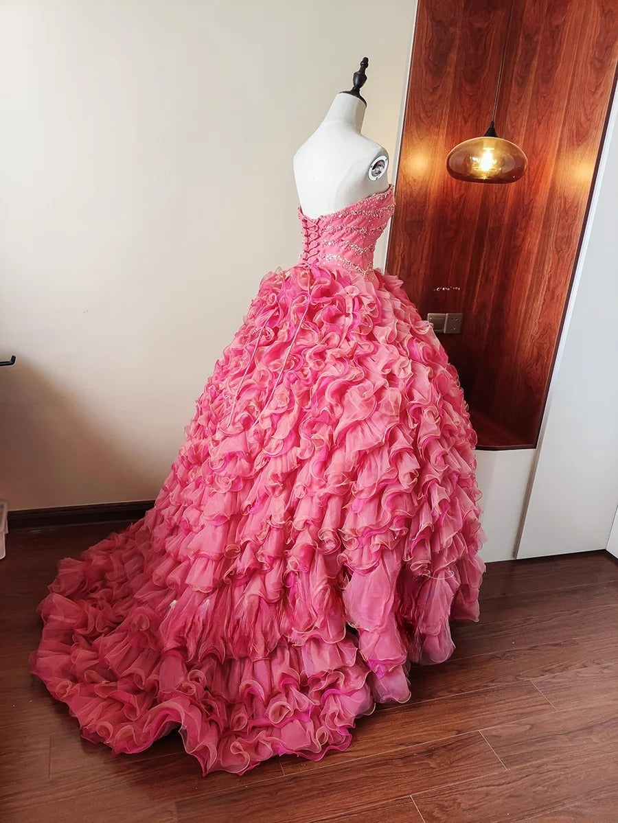 Charming Prom Dress Sweetheart Ruffle Tiered Evening Dress Sweet 16 Dress Ball Gown      D4657