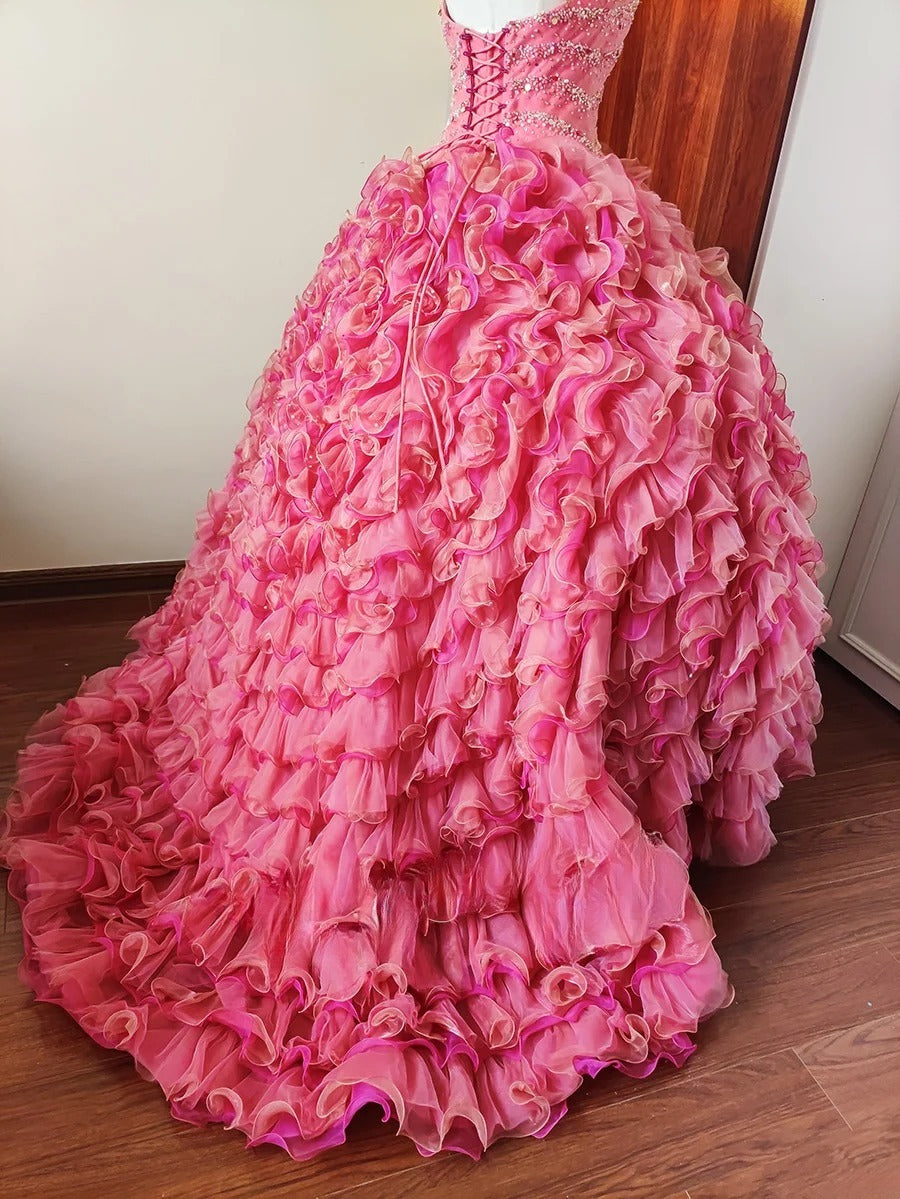 Charming Prom Dress Sweetheart Ruffle Tiered Evening Dress Sweet 16 Dress Ball Gown      D4657