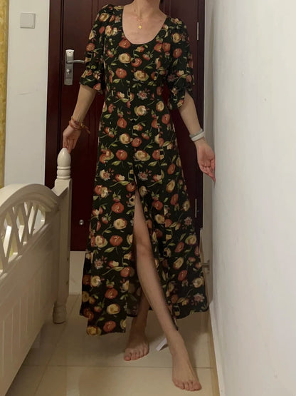 New Arrival Prom Dress Crew Neck Print Floral Formal Dress Evening Dresses Wedding Guest Dress      D4684