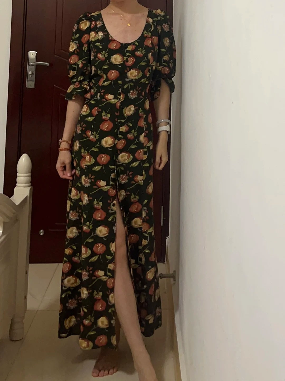 New Arrival Prom Dress Crew Neck Print Floral Formal Dress Evening Dresses Wedding Guest Dress      D4684