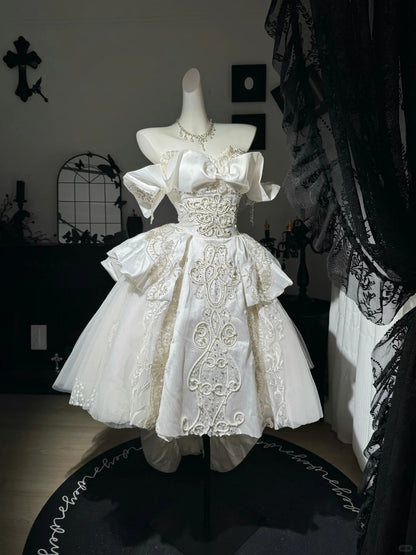 New Homecoming Dress Off the Shoulder Tulle Sequins Bead Bowknot Applique Hi-Lo Pearl Rinestone Ball Gown Back to School Outfits Party Dress Birthday Dress Wedding Dress D7548