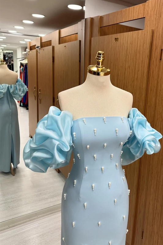 Robe de soirée longue bleu clair en satin bustier et perles MD7382