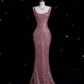 Shiny Pink Straps Sequins Mermaid Long Formal Party Dress Evening Gown MD7514