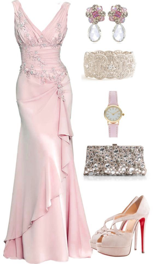 Elegant Pink V Neck Mermaid Satin Long Party Dress Vintage Evening Dress, D976