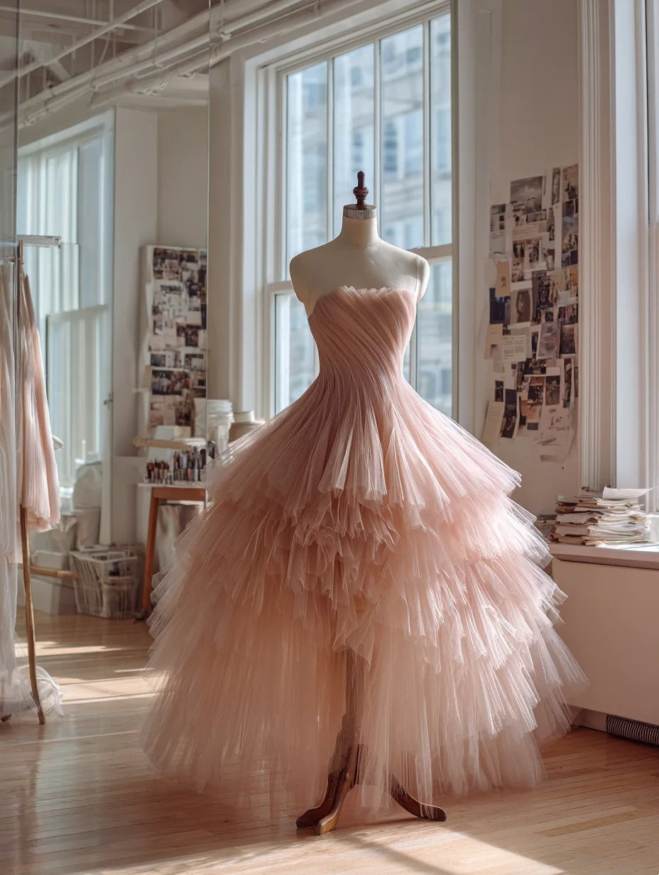 Cute Ball Gown Light Pink Strapless Pleated Tulle Tiered Prom Dresses Evening Gown Sweet 16 Dress       D4703