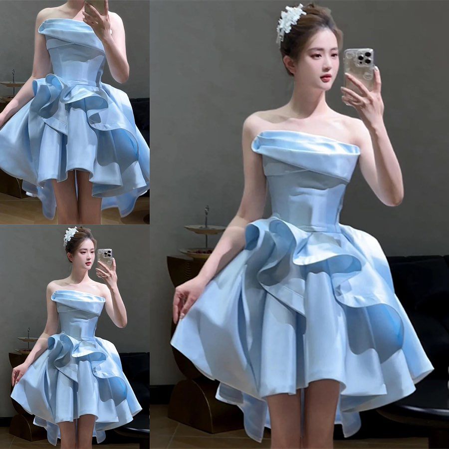 Chic Homecoming Strapless Cascade Pleated Back to School Outfits Party Dress D6729
