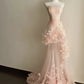Chic Prom Dress Strapless Pleated Floral Tulle Formal Dresses Gala Gown Evening Dress  D4721