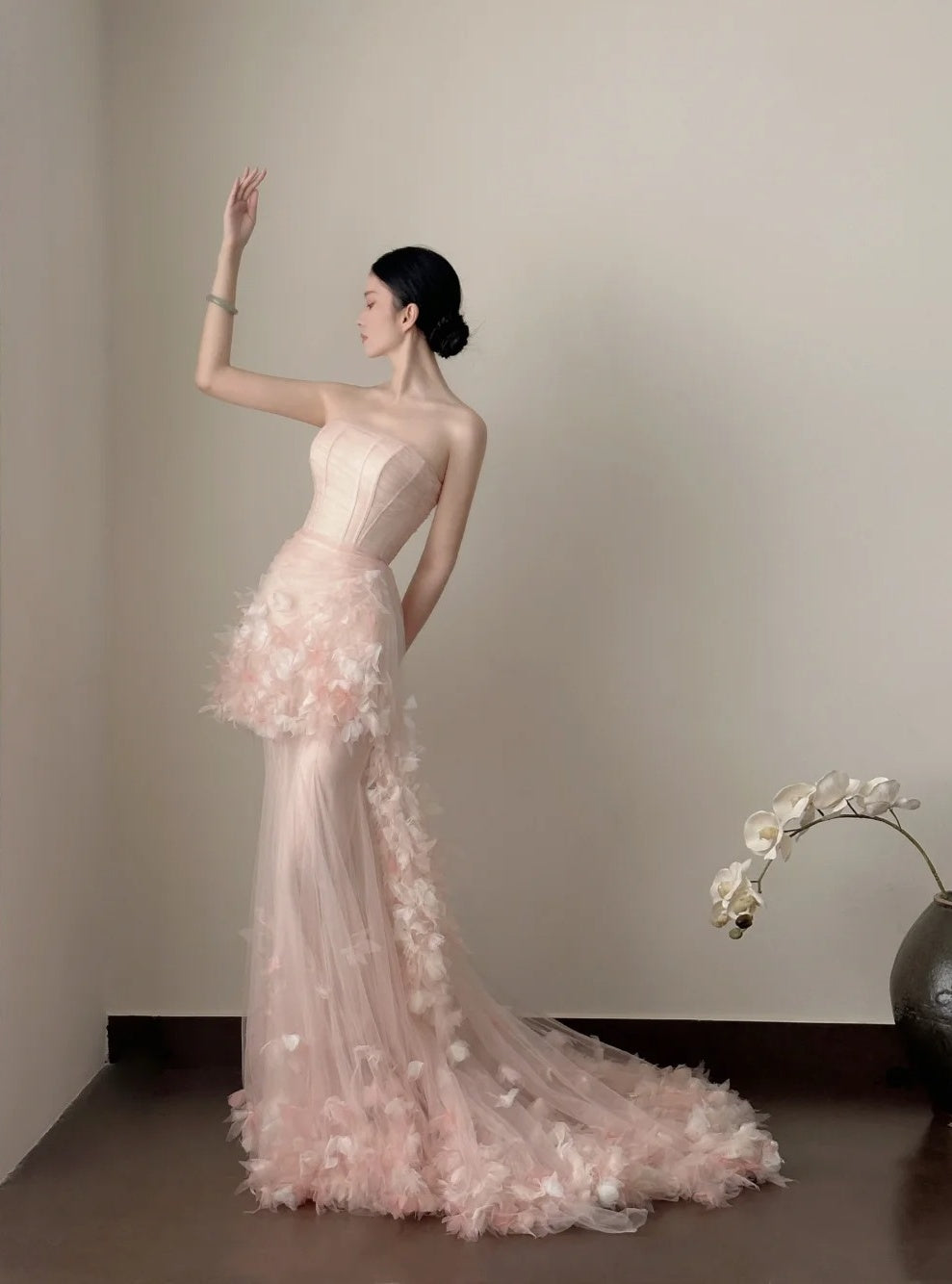 Chic Prom Dress Strapless Pleated Floral Tulle Formal Dresses Gala Gown Evening Dress  D4721