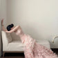 Chic Prom Dress Strapless Pleated Floral Tulle Formal Dresses Gala Gown Evening Dress  D4721